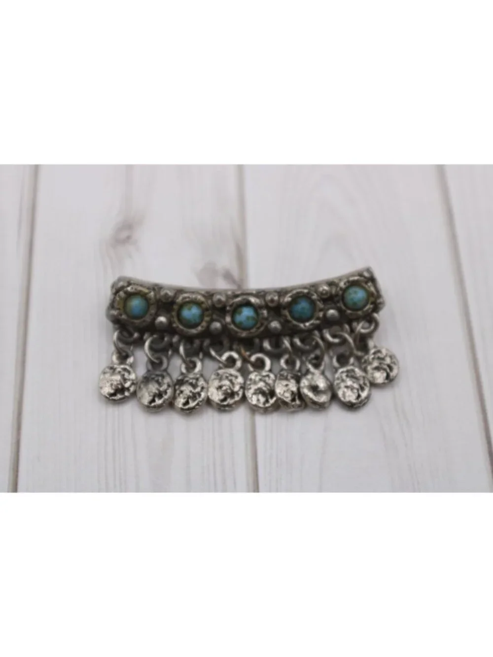 Germany Turquoise Brooch Pin Fringe Coins Silver Celtic Ethnic Hat Scarf Lapel